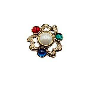 Vintage Jeweled Pin Brooch Gold Tone with Multicolor Stones Gripoix Style Pin